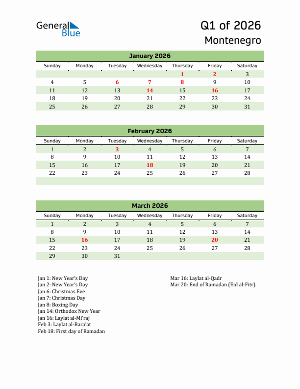 Quarterly Calendar 2026 with Montenegro Holidays