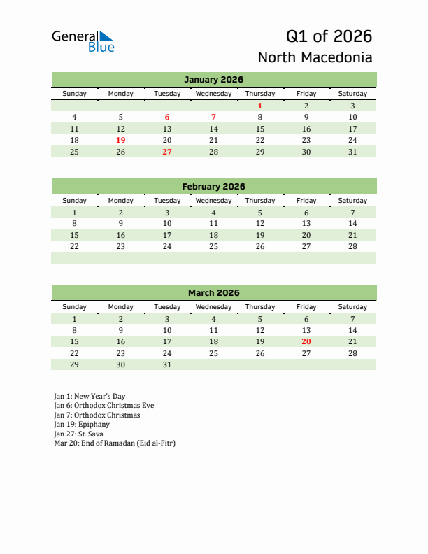Quarterly Calendar 2026 with North Macedonia Holidays