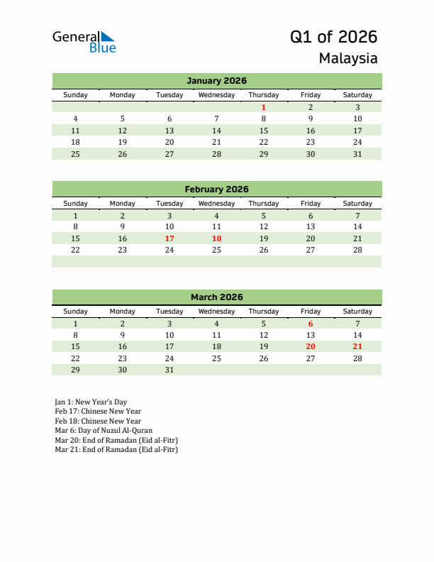 Quarterly Calendar 2026 with Malaysia Holidays