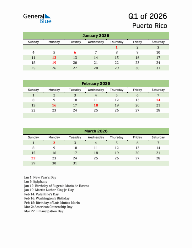 Quarterly Calendar 2026 with Puerto Rico Holidays