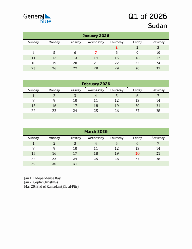 Quarterly Calendar 2026 with Sudan Holidays