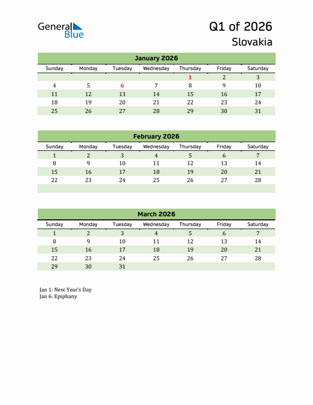 Quarterly Calendar 2026 with Slovakia Holidays