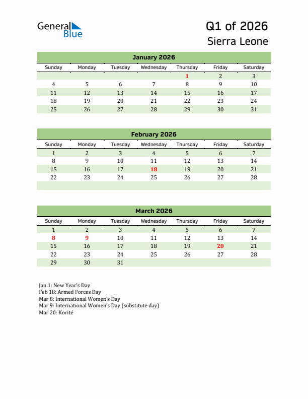 Quarterly Calendar 2026 with Sierra Leone Holidays