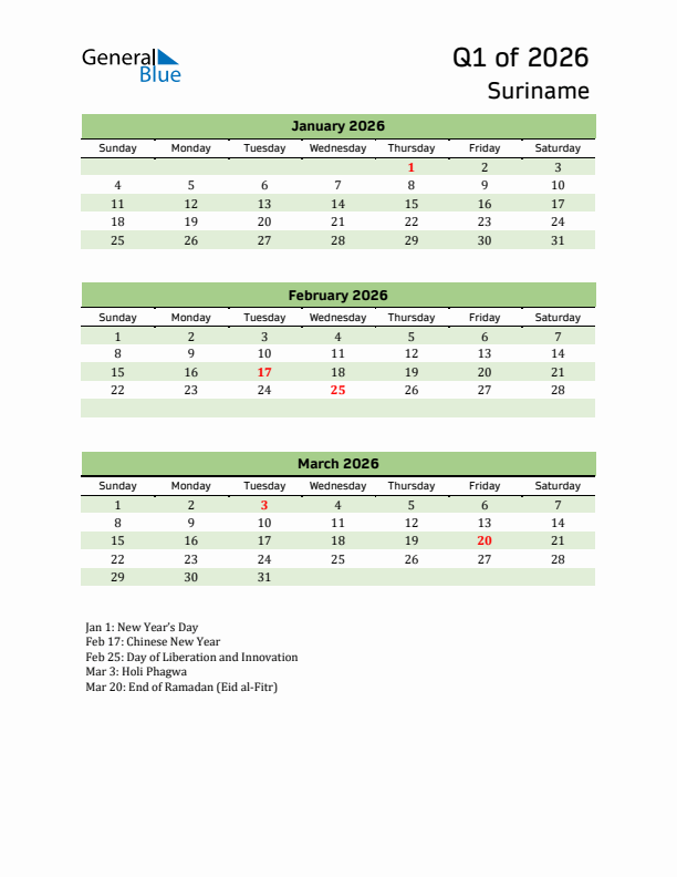 Quarterly Calendar 2026 with Suriname Holidays