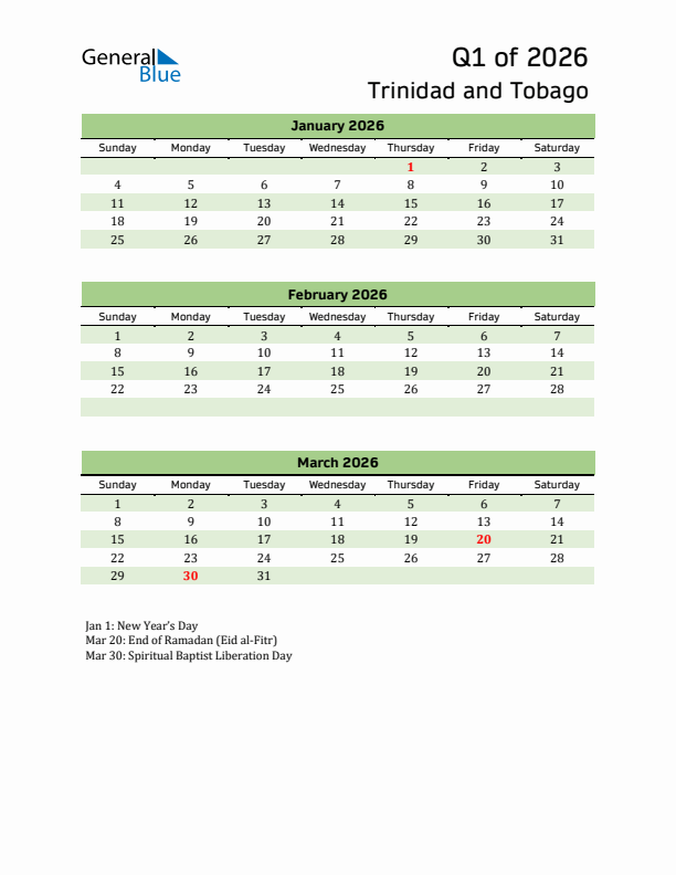 Quarterly Calendar 2026 with Trinidad and Tobago Holidays