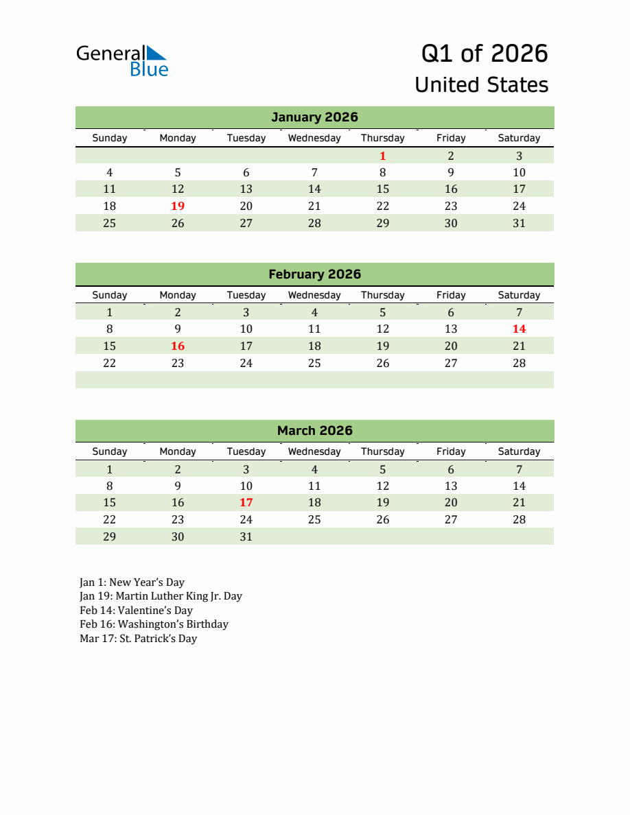 Quarterly Calendar 2026 with United States Holidays