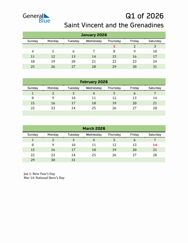 Quarterly Calendar 2026 with Saint Vincent and the Grenadines Holidays