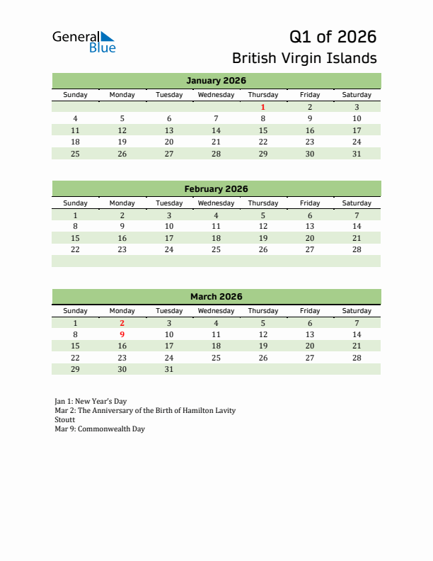 Quarterly Calendar 2026 with British Virgin Islands Holidays