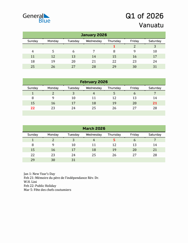 Quarterly Calendar 2026 with Vanuatu Holidays