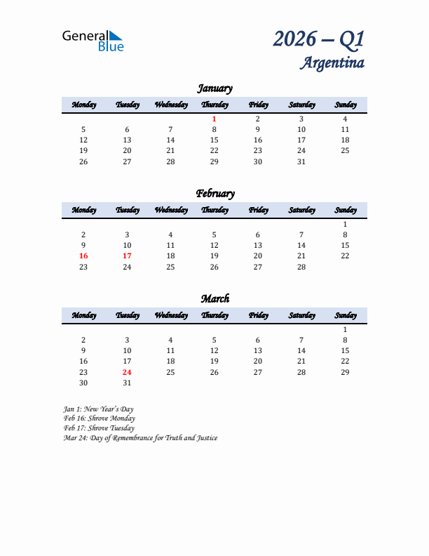 January, February, and March Calendar for Argentina with Monday Start