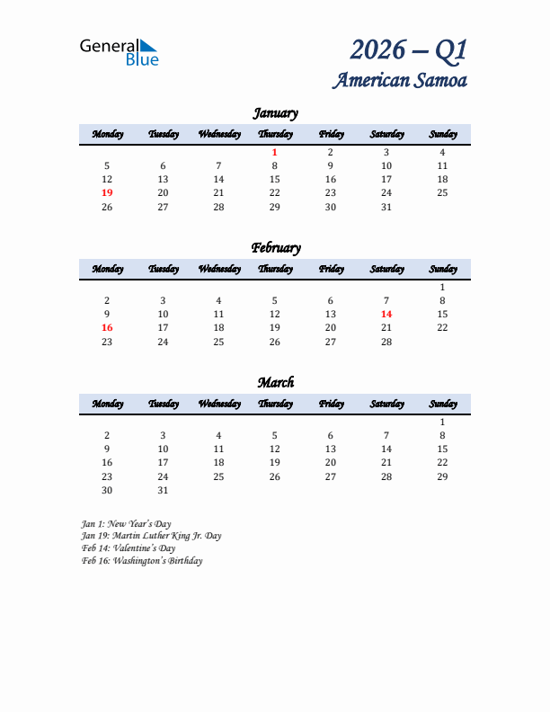 January, February, and March Calendar for American Samoa with Monday Start