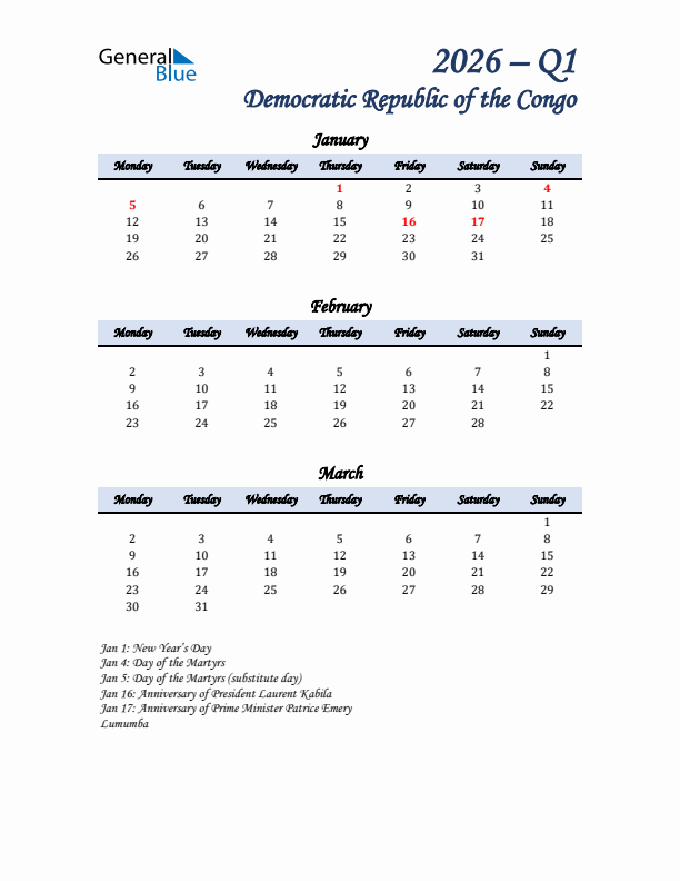 January, February, and March Calendar for Democratic Republic of the Congo with Monday Start