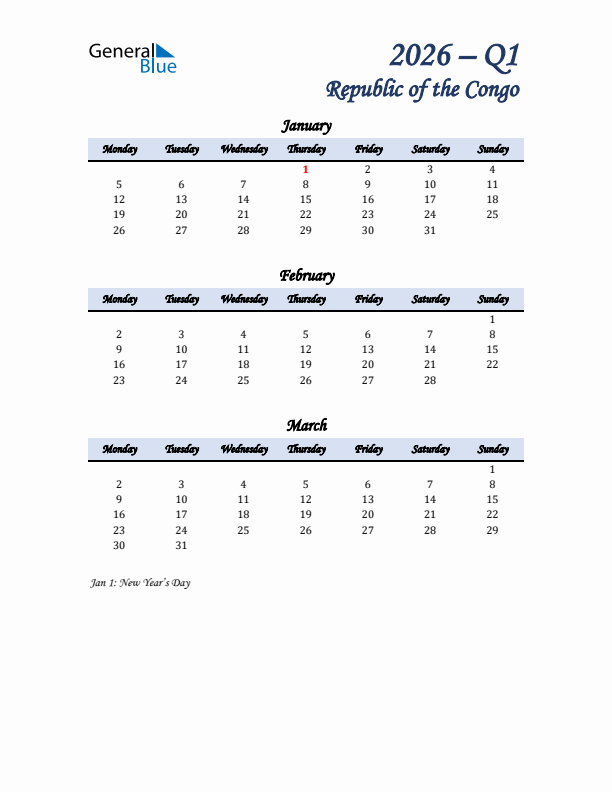 January, February, and March Calendar for Republic of the Congo with Monday Start