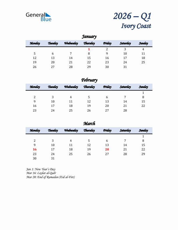 January, February, and March Calendar for Ivory Coast with Monday Start