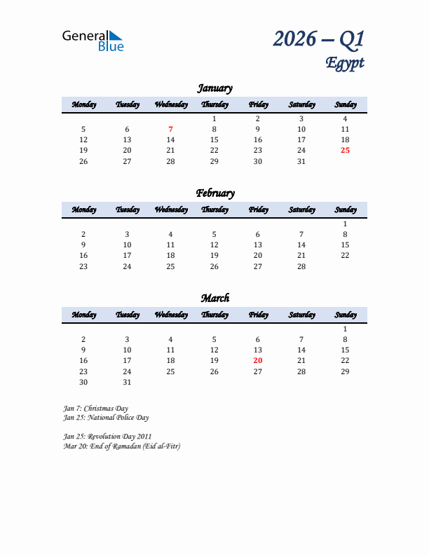 January, February, and March Calendar for Egypt with Monday Start