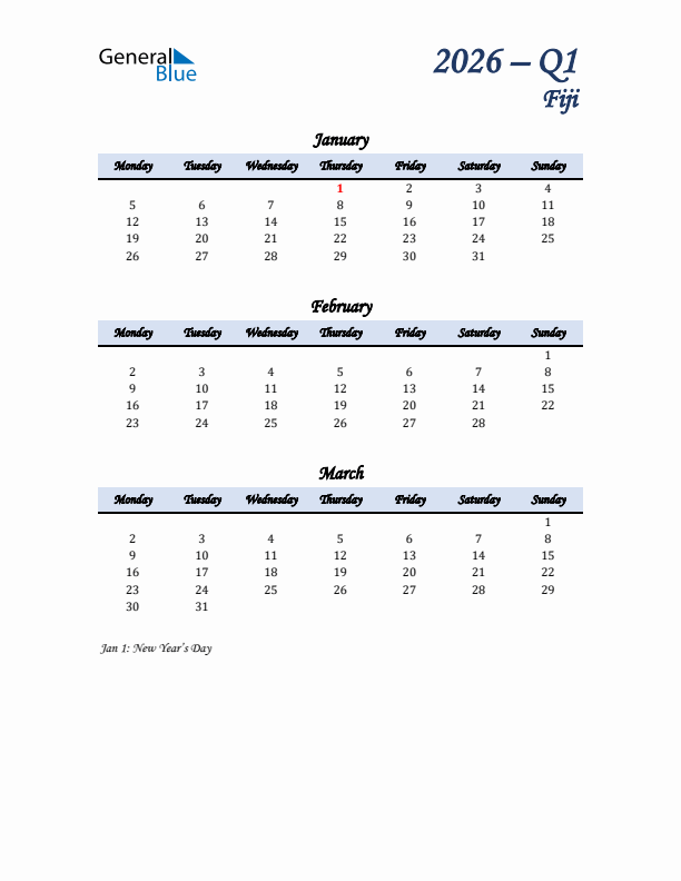 January, February, and March Calendar for Fiji with Monday Start