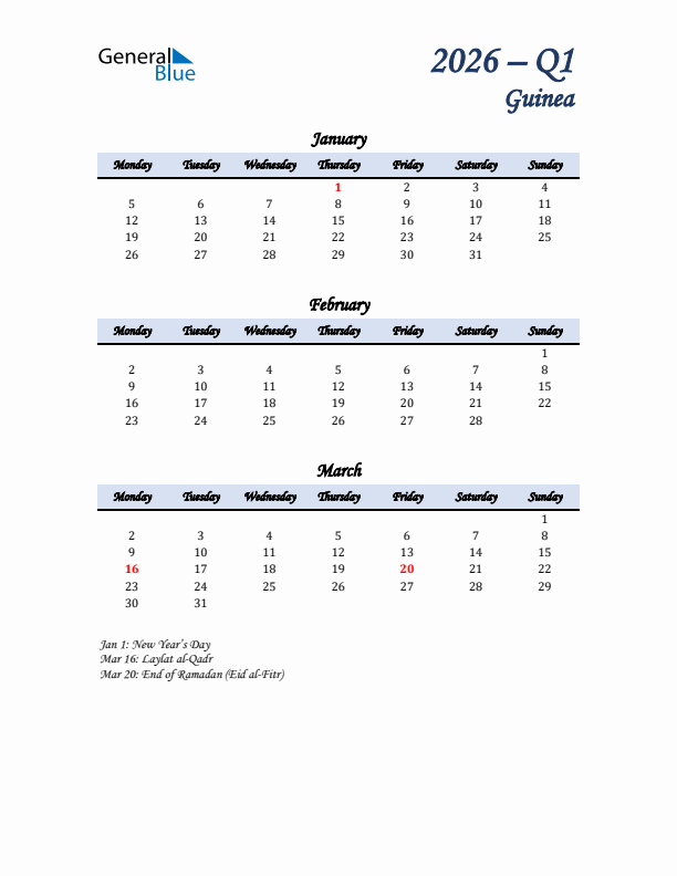 January, February, and March Calendar for Guinea with Monday Start