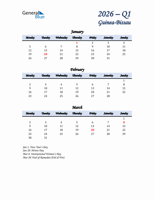 January, February, and March Calendar for Guinea-Bissau with Monday Start