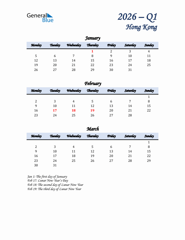 January, February, and March Calendar for Hong Kong with Monday Start