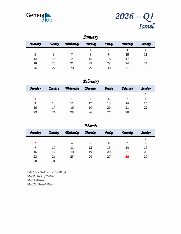 January, February, and March Calendar for Israel with Monday Start