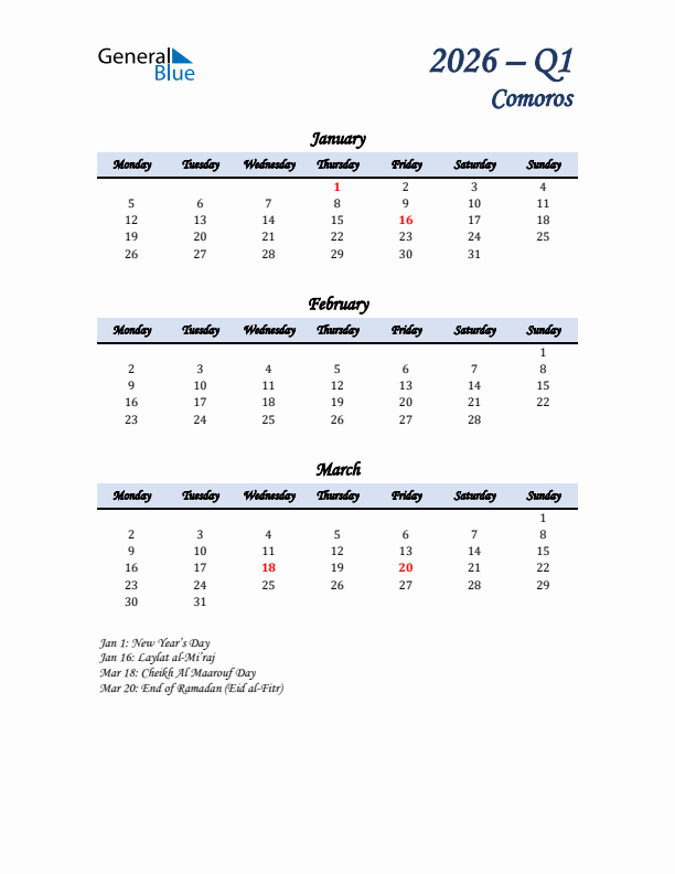 January, February, and March Calendar for Comoros with Monday Start