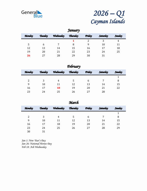 January, February, and March Calendar for Cayman Islands with Monday Start