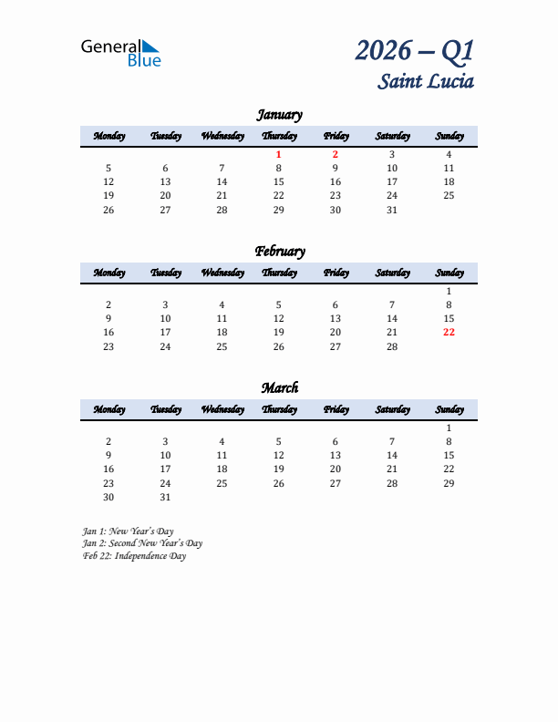January, February, and March Calendar for Saint Lucia with Monday Start