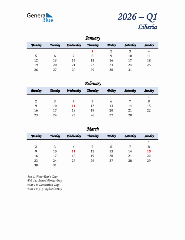 January, February, and March Calendar for Liberia with Monday Start
