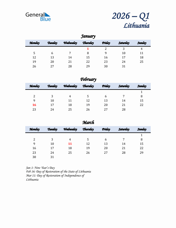 January, February, and March Calendar for Lithuania with Monday Start