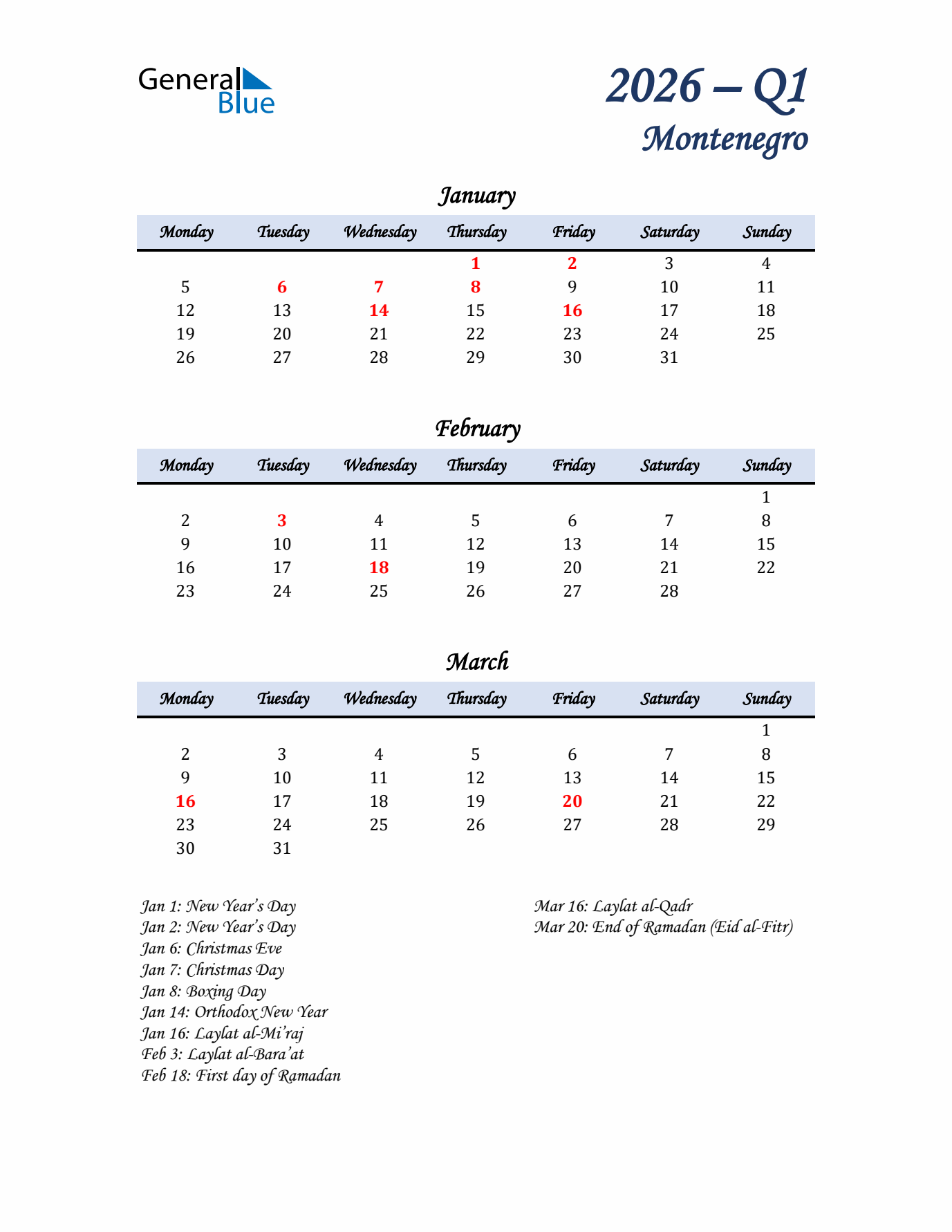 January, February, and March Calendar for Montenegro with Monday Start