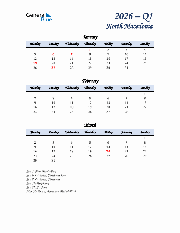 January, February, and March Calendar for North Macedonia with Monday Start
