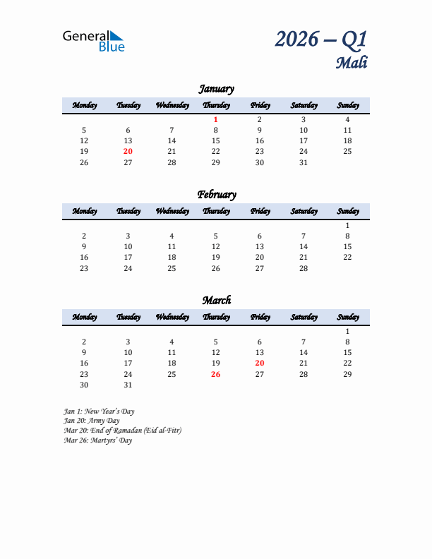 January, February, and March Calendar for Mali with Monday Start