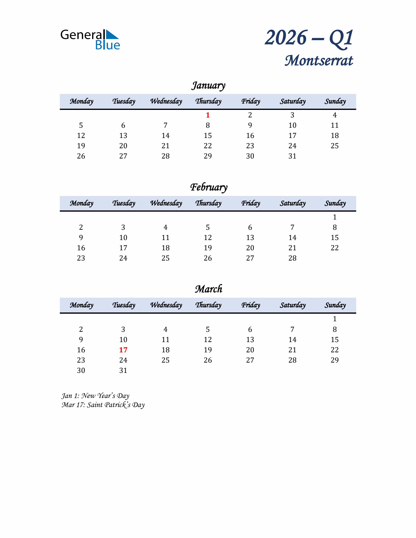 January, February, and March Calendar for Montserrat with Monday Start