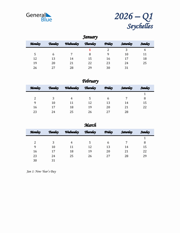 January, February, and March Calendar for Seychelles with Monday Start