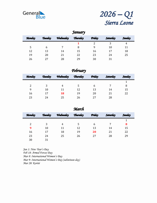 January, February, and March Calendar for Sierra Leone with Monday Start