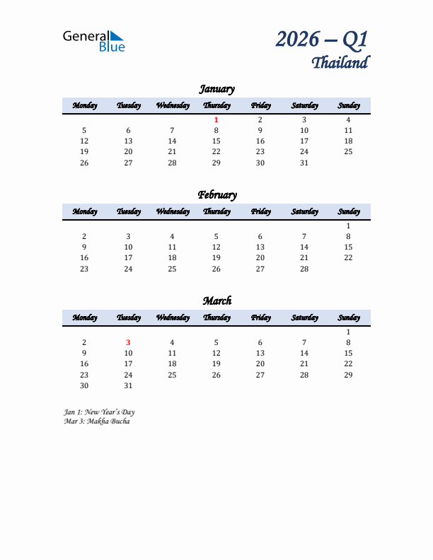 January, February, and March Calendar for Thailand with Monday Start
