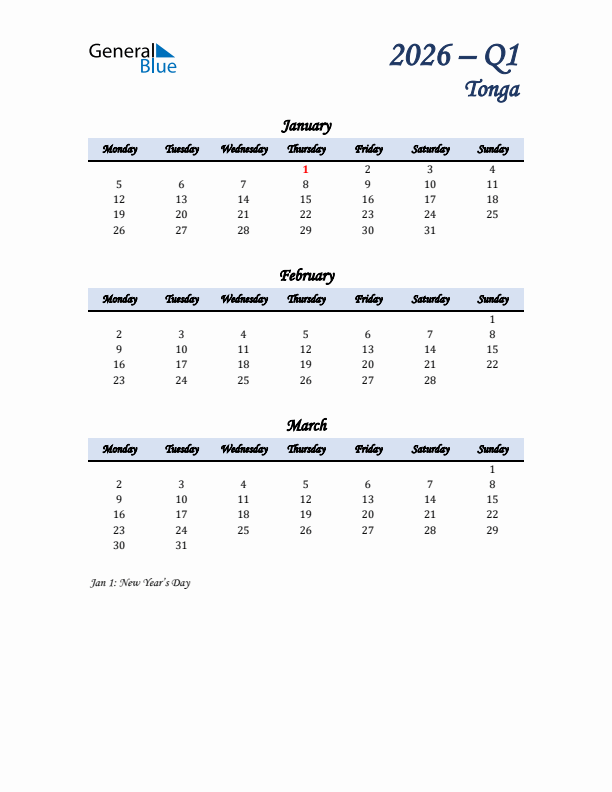 January, February, and March Calendar for Tonga with Monday Start
