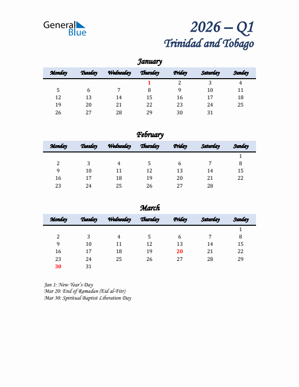 January, February, and March Calendar for Trinidad and Tobago with Monday Start