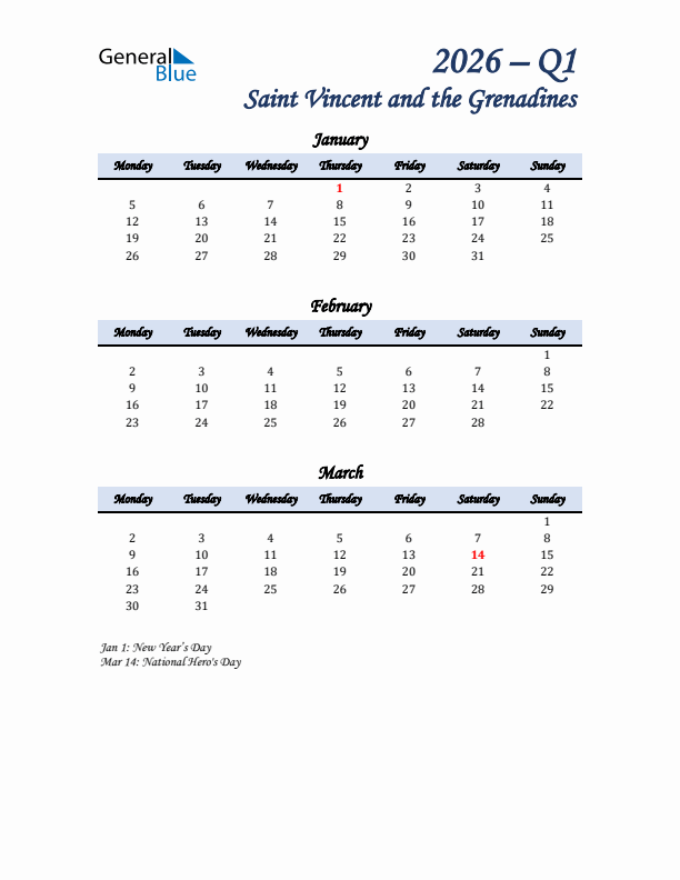January, February, and March Calendar for Saint Vincent and the Grenadines with Monday Start
