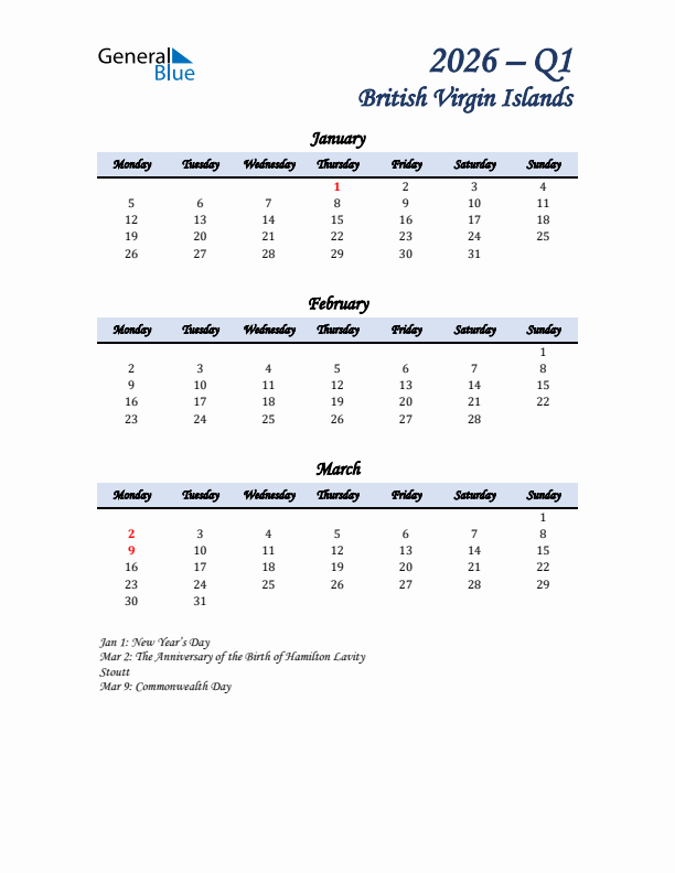 January, February, and March Calendar for British Virgin Islands with Monday Start