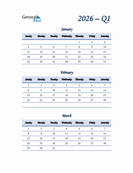 Quarter 1 2026 calendar template