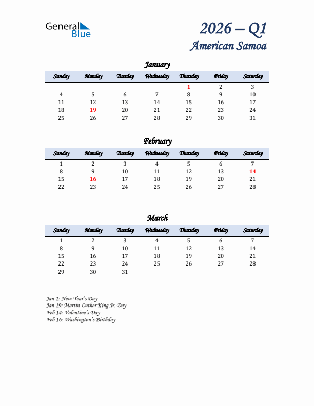 January, February, and March Calendar for American Samoa with Sunday Start