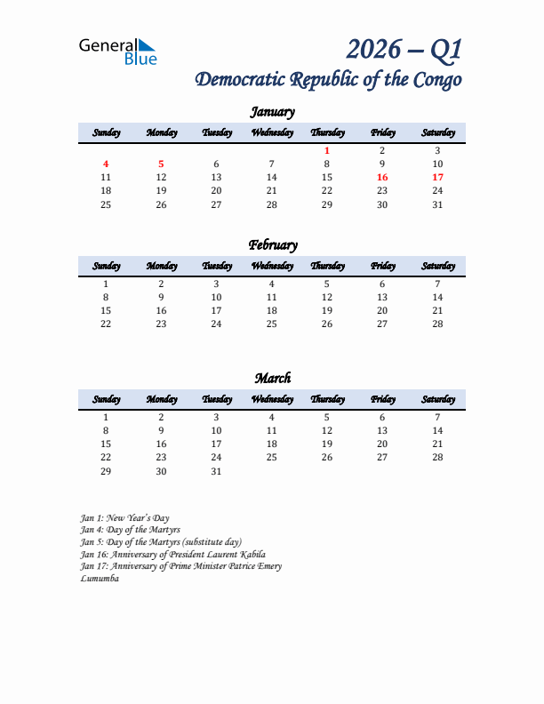 January, February, and March Calendar for Democratic Republic of the Congo with Sunday Start