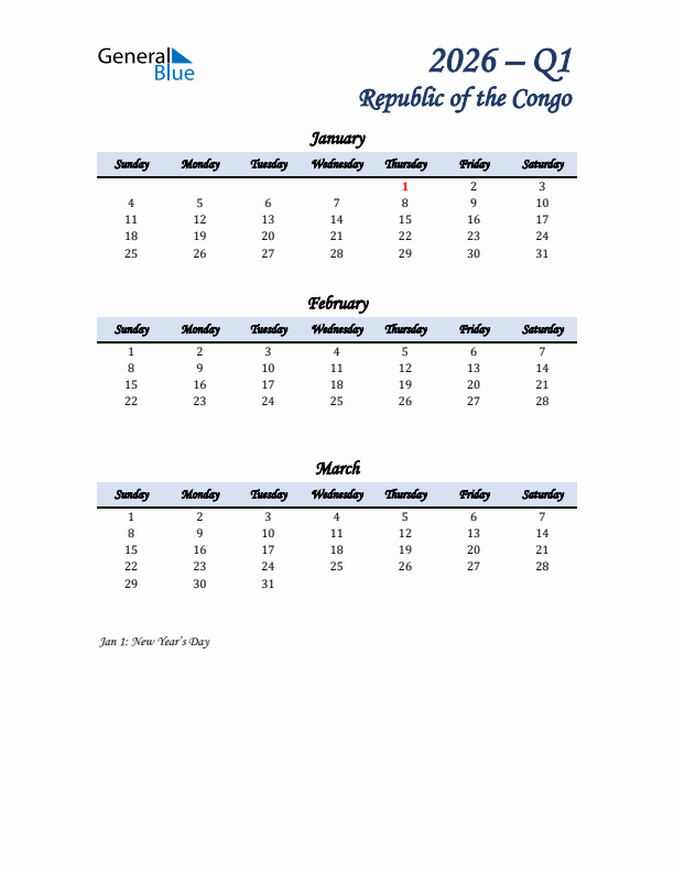 January, February, and March Calendar for Republic of the Congo with Sunday Start