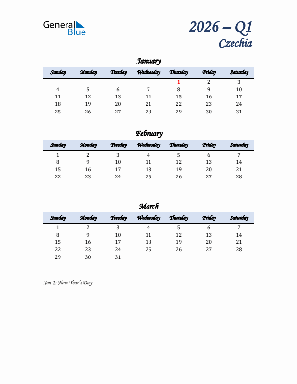 January, February, and March Calendar for Czechia with Sunday Start