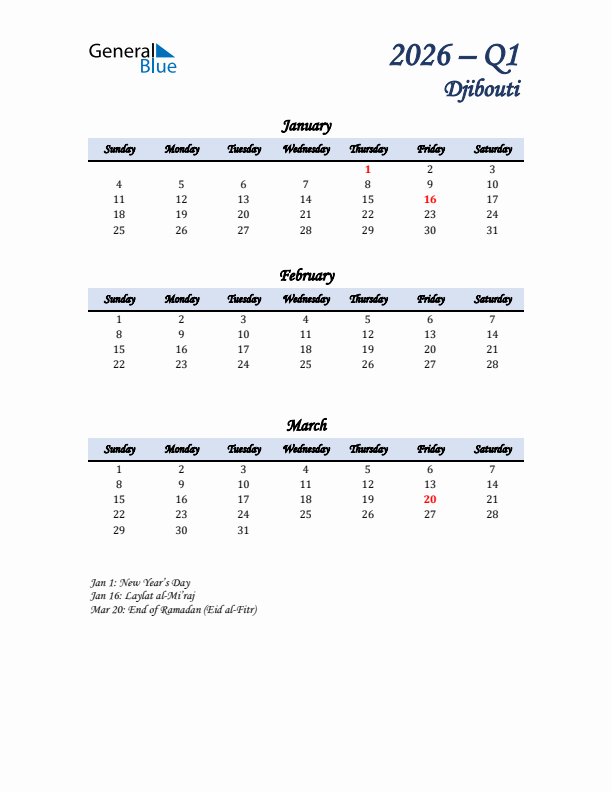 January, February, and March Calendar for Djibouti with Sunday Start
