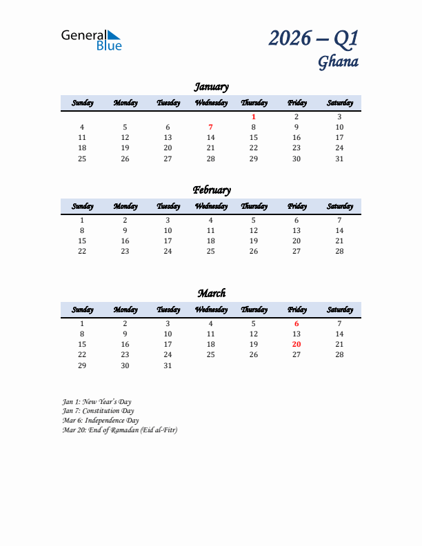 January, February, and March Calendar for Ghana with Sunday Start