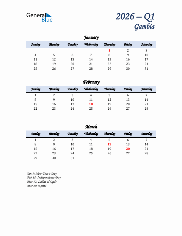 January, February, and March Calendar for Gambia with Sunday Start