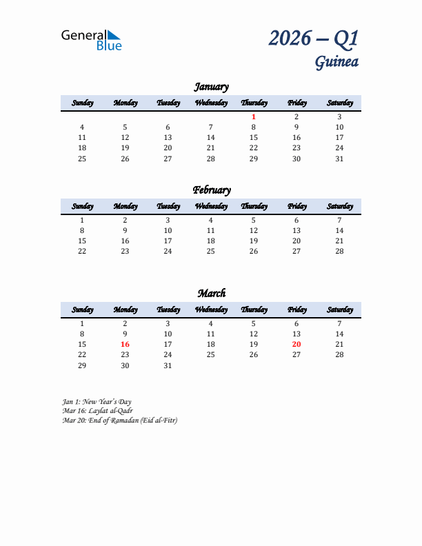 January, February, and March Calendar for Guinea with Sunday Start