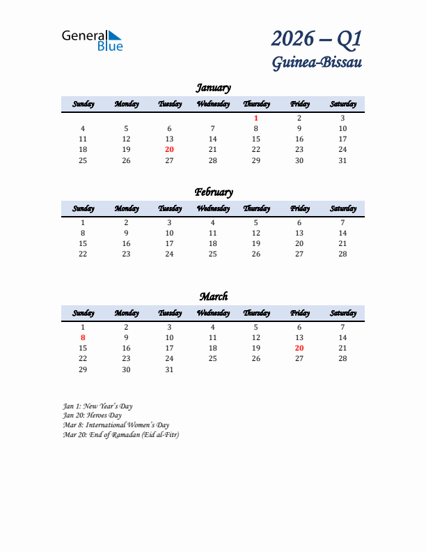 January, February, and March Calendar for Guinea-Bissau with Sunday Start